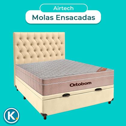 Imagem de Conjunto Cama Box Bau Bege Casal + Colchão Molas Ensacadas Airtech Ortobom + Cabeceira