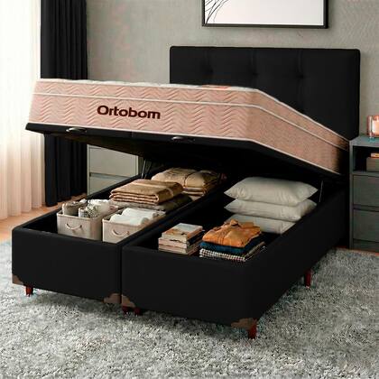 Imagem de Conjunto Cama Box Bau Blindado Queen + Colchão Molas Ensacadas Airtech Ortobom + Cabeceira