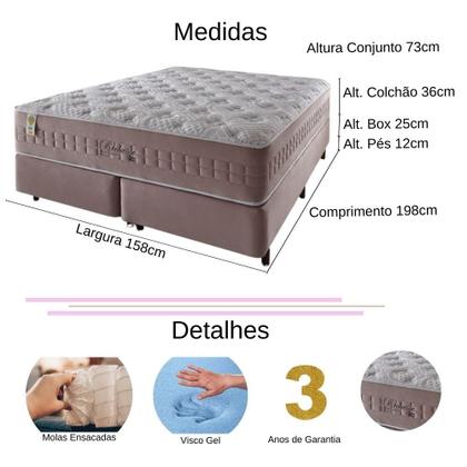 Imagem de Conjunto Cama Box Colchão Queen Richesse Molas Ensacadas 158x198x70cm Rosa Branco Megasul