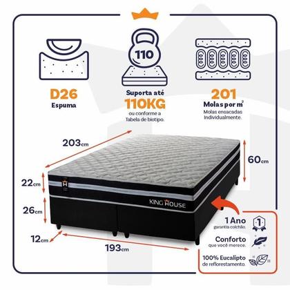 Imagem de Conjunto Cama Box King Size Durham 193x203x60 Preto/Branco c/ Molas Ensacadas