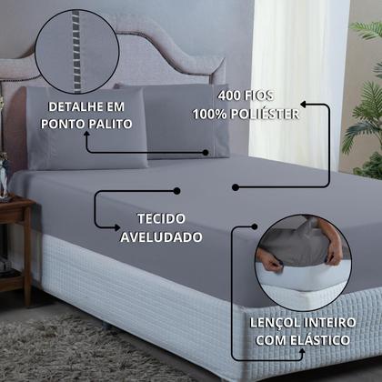 Imagem de Conjunto Cama King Size 400 Fios Lençol com Elástico Fronha Ponto Palito 3 peças 40cm Altura