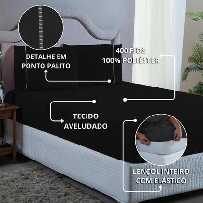 Imagem de Conjunto Cama King Size 400 Fios Lençol com Elástico Fronha Ponto Palito 3 peças 40cm Altura