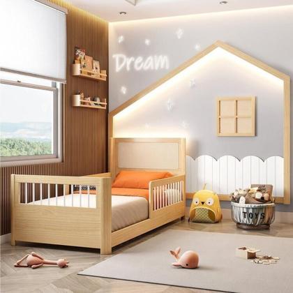 Imagem de Conjunto Cama Solteiro Wave Montessoriana Led, Grade de Proteção e Moldura Dream Decor Led Casatema Natural / Branco