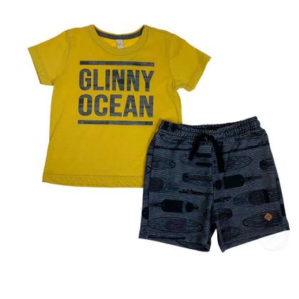 Imagem de Conjunto camiseta mostarda estampada com shorts cinza escuro