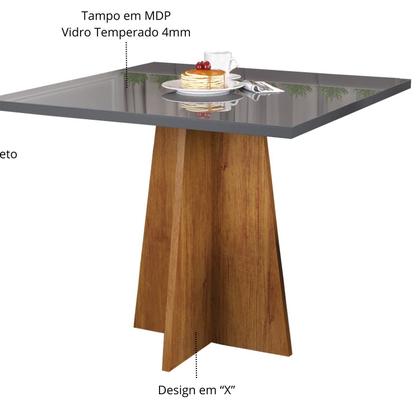 Imagem de Conjunto Canto Alemão com Baú Trento Mesa Quadrada com Vidro 90x90 e 2 Cadeira Dallas em Mdp/mdf