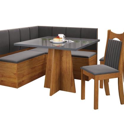 Imagem de Conjunto Canto Alemão com Baú Trento Mesa Quadrada com Vidro 90x90 e 2 Cadeira Dallas em Mdp/mdf