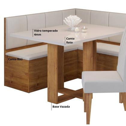 Imagem de Conjunto Canto Baú com Mesa de Jantar Retangular 120x80cm de Vidro e 2 Cadeiras