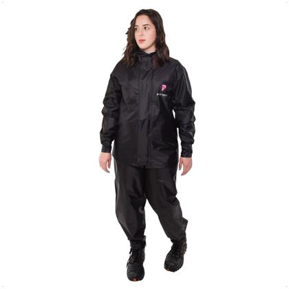 Imagem de Conjunto Capa de Chuva Feminino Tamanho GG Preto Impermeável Motoqueiro Nylon 0,20mm Pioneira - 1801-F-PRE-GG