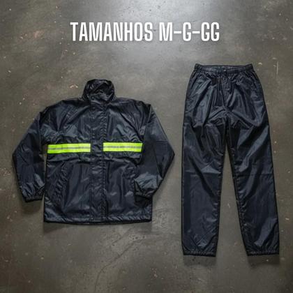 Imagem de Conjunto Capa de Chuva Jaqueta Calça Capuz Azul Escuro M G GG Unissex Impermeável Motoboy Entregas Refletiva Starmega