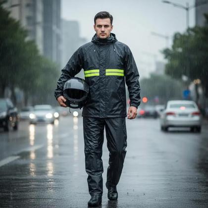 Imagem de Conjunto Capa de Chuva Jaqueta Calça Capuz Azul Escuro M G GG Unissex Impermeável Motoboy Entregas Refletiva Starmega