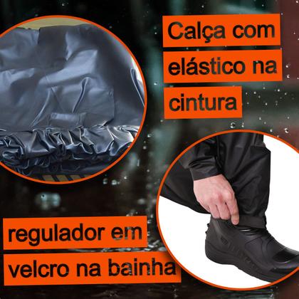 Imagem de Conjunto Capa de Chuva Motoqueiro PVC Gola Alta Masculino Preto Tamanho G Pioneira  Impermeável e Resistente
