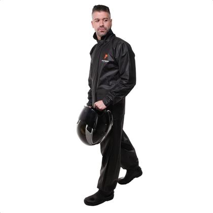 Imagem de Conjunto Capa de chuva Motoqueiro Tamanho XG PVC 0,28mm Combate Com Gola Masculino Preto Pioneira - 2900-M-PRE-XG