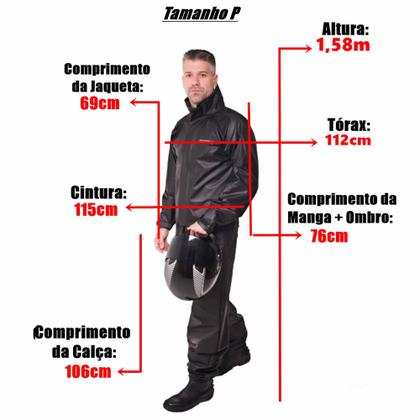 Imagem de Conjunto Capa de Chuva Pvc Combate c/ Capuz Preto Refletiva Resistente Zíper Pioneira 2901