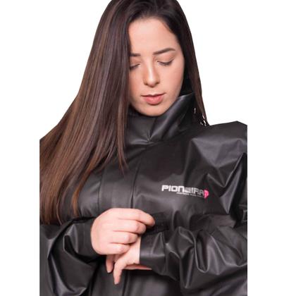 Imagem de Conjunto Capa de Chuva Pvc G Combate c/ Capuz Feminina Preto Refletiva Resistente Zíper Pioneira 2901-F-PRE-G