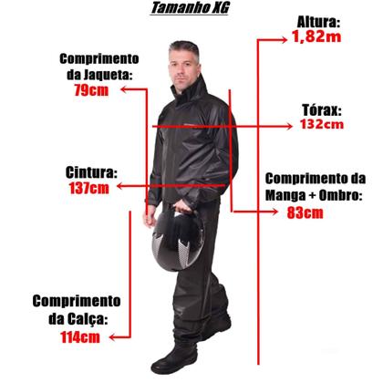 Imagem de Conjunto Capa de Chuva Pvc XG Combate c/ Capuz Masculino Preto Refletiva Resistente Zíper Pioneira 2901-M-PRE-XG