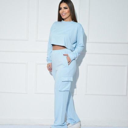 Imagem de Conjunto Cargo Feminino Calça Cropped Elegante Tendência Top Blogueira Colorido Inverno Casaco Mangas Compridas Cargo