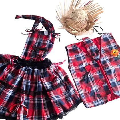 Imagem de Conjunto casal caipira colete avental acompanha gravata e chapéu vermelho xadrez