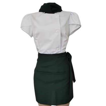 Imagem de Conjunto Chef Feminino Preto Dólmã com Botões, Avental de Cintura e Faixa Verde Elegante