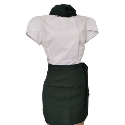 Imagem de Conjunto Chef Feminino Preto Dólmã com Botões, Avental de Cintura e Faixa Verde Elegante