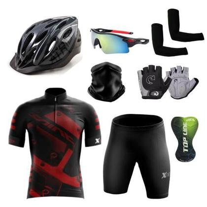 Imagem de Conjunto Ciclismo Camisa Proteção Uv e Bermuda + Capacete Ciclismo + Luva Ciclismo + Óculos Esportivo +  Manguito + Bandana