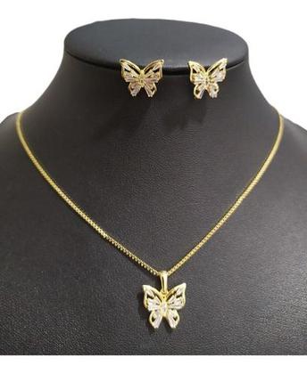 Imagem de Conjunto Colar Brinco Borboleta Dama Noiva Dourado Zirconia