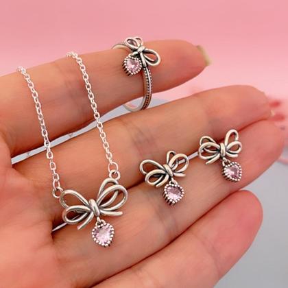 Imagem de Conjunto Colar Brinco e Anel Laço com Zircônia Prata 925