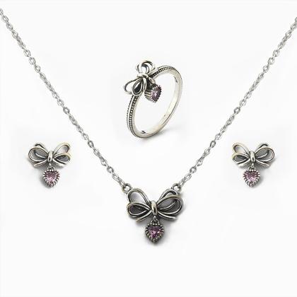 Imagem de Conjunto Colar Brinco e Anel Laço com Zircônia Prata 925