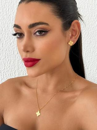Imagem de Conjunto Colar Brinco Feminino Trevo Banho Ouro 18k  Prata 925 Bijuterias Finas