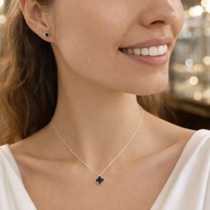 Imagem de Conjunto Colar Brinco Feminino Trevo Preto Prata Legitima