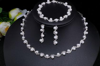 Imagem de Conjunto Colar Brinco Pulseira Strass Pérola Noiva Festa
