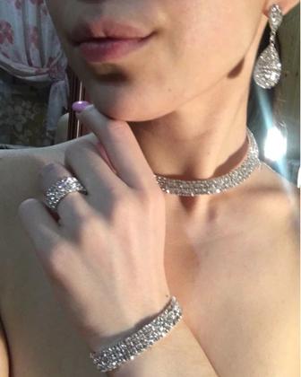 Imagem de Conjunto Colar Chocker Pulseira Brinco Anel Noiva Strass