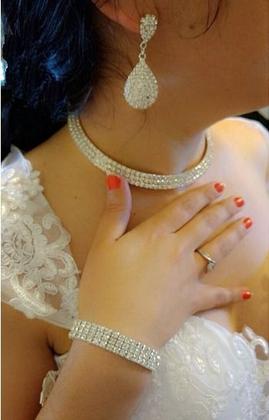 Imagem de Conjunto Colar Chocker Pulseira Brinco Anel Noiva Strass