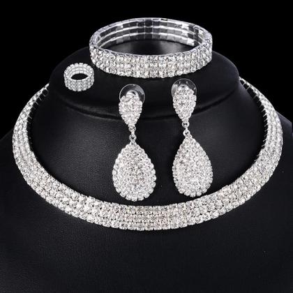 Imagem de Conjunto Colar Chocker Pulseira Brinco Anel Noiva Strass