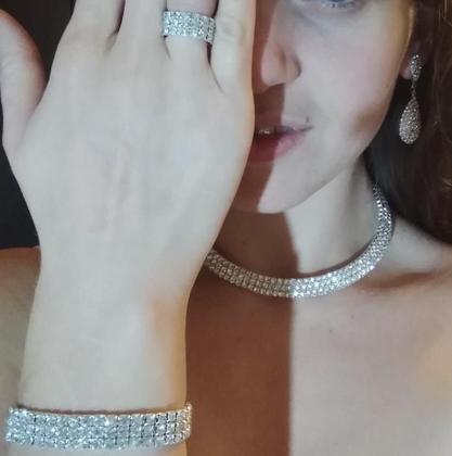 Imagem de Conjunto Colar Chocker Pulseira Brinco Anel Noiva Strass