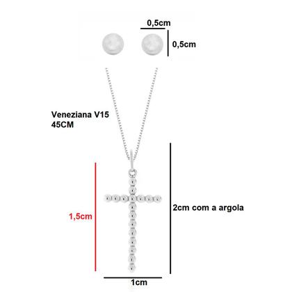 Imagem de Conjunto Colar Cruz e Brinco Bolinha 45cm em Prata 925