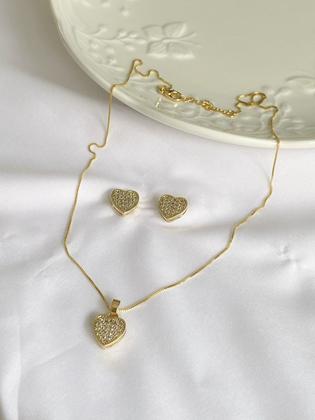 Imagem de Conjunto Colar e Brincos Coração Cravejado + Brinde