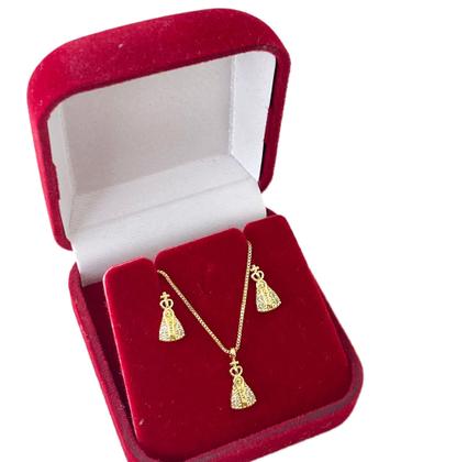 Imagem de Conjunto Colar E Brincos Nossa Senhora Aparecida Cravejados com Zircônia C/ Caixinha