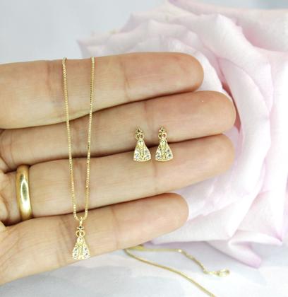 Imagem de Conjunto Colar E Brincos Nossa Senhora Aparecida Cravejados com Zircônia C/ Caixinha