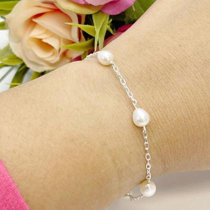 Imagem de Conjunto Colar e Pulseira Perola Natural Agua Doce Prata 925