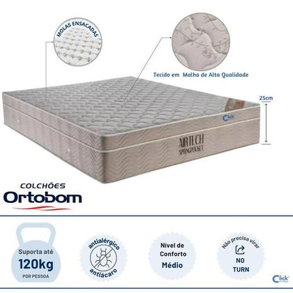 Imagem de Conjunto Colchão Ortobom Airtech Viúva 128x188 Molas Ensacadas + Cama Box Baú Blindada Suede para Quartos Compactos