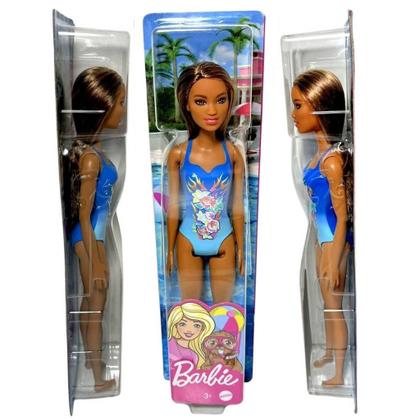 Imagem de Conjunto Colecionável Casal Bonecos Mattel Boneca Barbie Morena Maiô Azul + Boneco Ken Praia