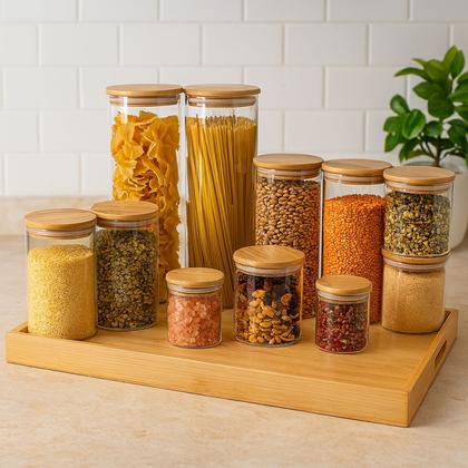 Imagem de Conjunto com 11 Potes de Vidro Hermético com Tampa de Bambu para Marmita Freezer Cozinha