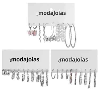 Imagem de Conjunto com 15 Pares de Brincos de Argola Femininos - Pérolas Falsas, Cobra e Borboleta - Cor Prata