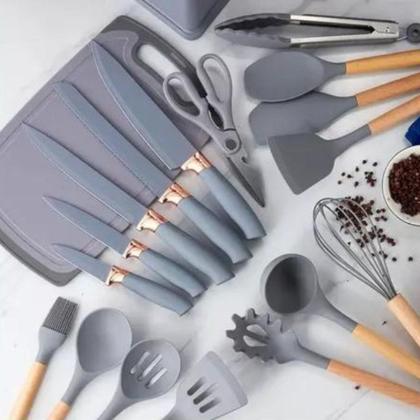 Imagem de Conjunto Com 19 Utensílios Cozinha Silicone Concha Espátula Cinza - Clink