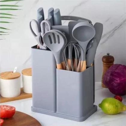 Imagem de Conjunto Com 19 Utensílios Cozinha Silicone Concha Espátula Cinza - Clink