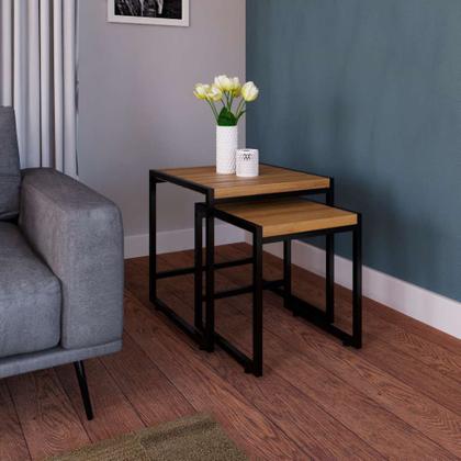 Conjunto com 2 Mesas Laterais Wooden Mel e Preto - Mobly Imagem de Conjunto com 2 Mesas Laterais Wooden Mel e Preto