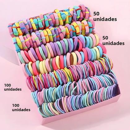 Imagem de Conjunto com 250/300 Elásticos de Cabelo Coloridos para Meninas