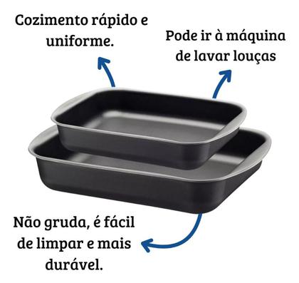 Imagem de Conjunto com 3 Assadeiras Talonadas Antiaderentes Alumínio com Teflon  Forno, Bolo, Torta, Assados