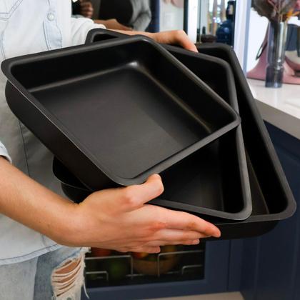 Imagem de Conjunto com 3 Assadeiras Talonadas Antiaderentes Alumínio com Teflon  Forno, Bolo, Torta, Assados