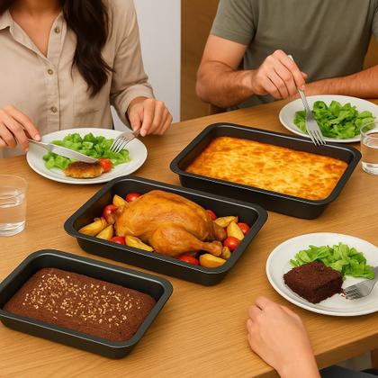 Imagem de Conjunto com 3 Assadeiras Talonadas Antiaderentes Alumínio com Teflon  Forno, Bolo, Torta, Assados